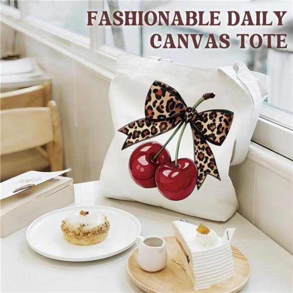 Reusable Canvas Shoulder Bag with Cherry Graphic Design - Picture 4 of 7